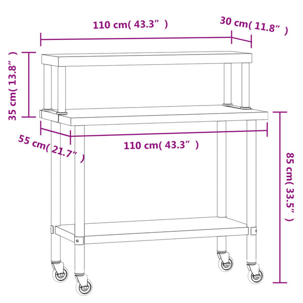 Kitchen Work Table with Overshelf 43.3"x21.7"x47.2" Stainless Steel A949-3208898