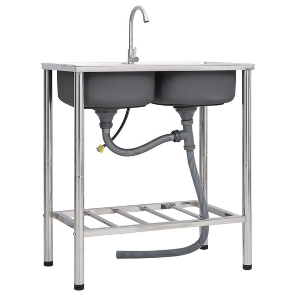 Camping Sink Double Basins with Tap Stainless Steel A949-151212