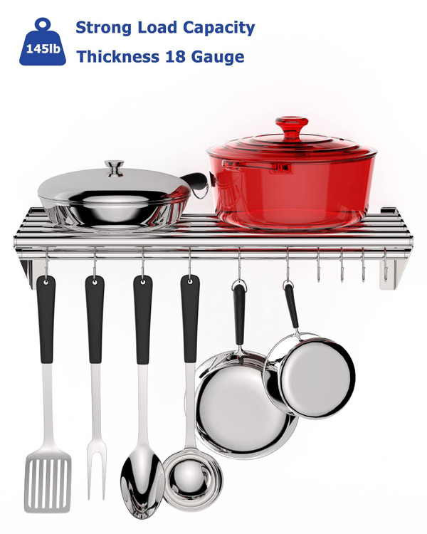 US GARVEE Stainless Steel Wall Mount Shelf with Hooks Commercial Storage Shelves K484-PIS_00P6AA8C_US
