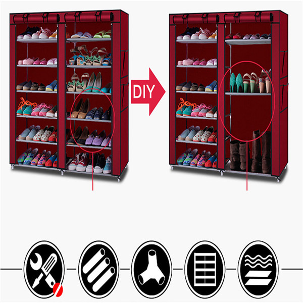 US Non-woven Fabric Shoe  Cabinet 6-layer Double-row 12-compartment Shoe Organzier Container Red wi K484-PHO_0S88REZP_US