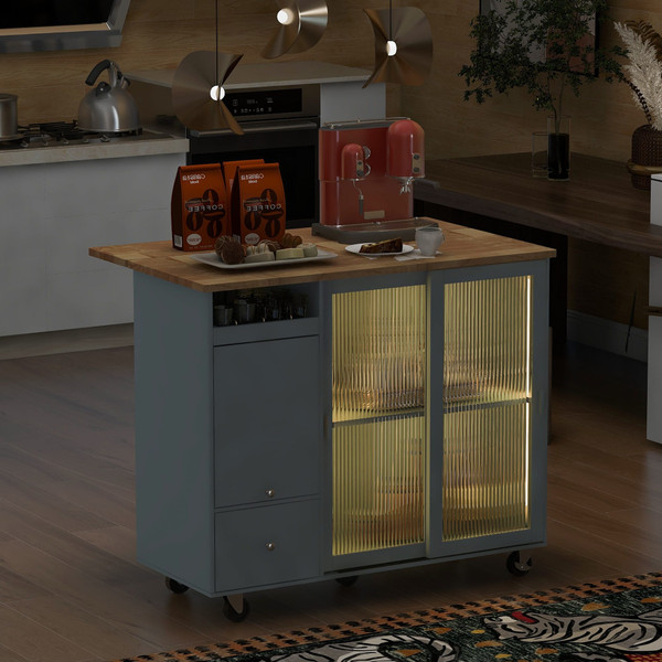 US Rolling Kitchen Island With Storage Drawer Adjustable Shelf Sliding Glass Door Cabinet With LED  K484-PHO_11MG6G7P_US