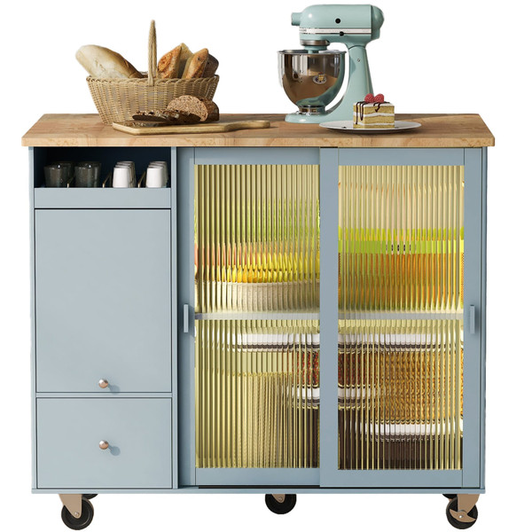 US Rolling Kitchen Island With Storage Drawer Adjustable Shelf Sliding Glass Door Cabinet With LED  K484-PHO_11MG6G7P_US
