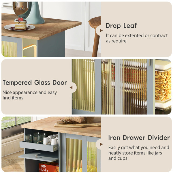 US Rolling Kitchen Island With Storage Drawer Adjustable Shelf Sliding Glass Door Cabinet With LED  K484-PHO_11MG6G7P_US