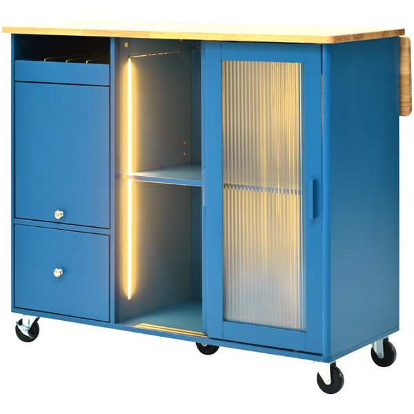 US Rolling Kitchen Island With Storage Drawer Adjustable Shelf Sliding Glass Door Cabinet With LED  K484-PHO_11MG6G7P_US