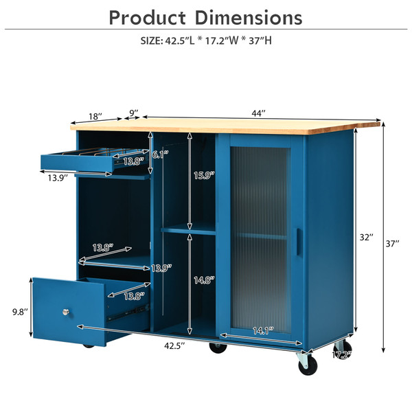 US Rolling Kitchen Island With Storage Drawer Adjustable Shelf Sliding Glass Door Cabinet With LED  K484-PHO_11MG6G7P_US