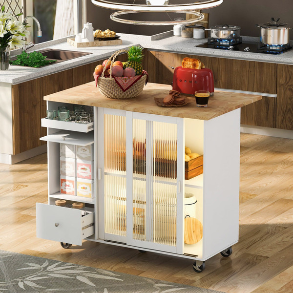 US Rolling Kitchen Island With Storage Drawer Adjustable Shelf Sliding Glass Door Cabinet With LED  K484-PHO_11MG6G7P_US