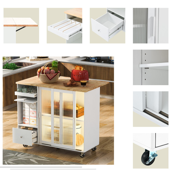 US Rolling Kitchen Island With Storage Drawer Adjustable Shelf Sliding Glass Door Cabinet With LED  K484-PHO_11MG6G7P_US