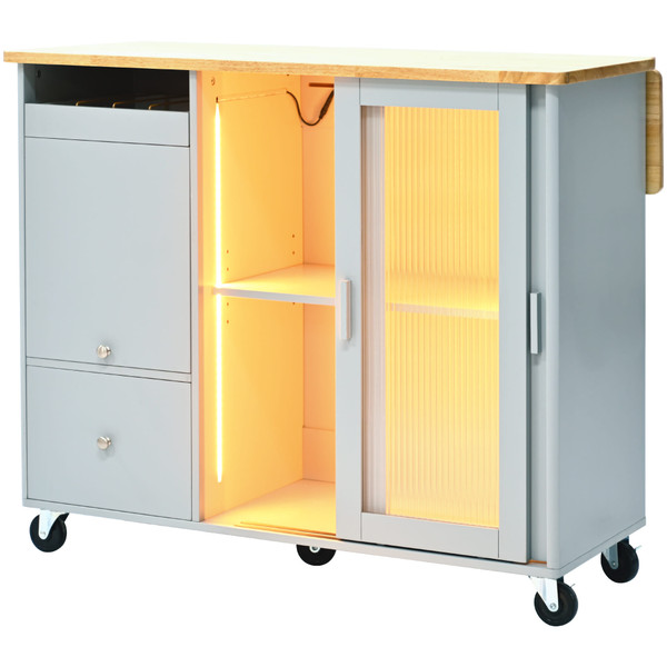 US Rolling Kitchen Island With Storage Drawer Adjustable Shelf Sliding Glass Door Cabinet With LED  K484-PHO_11MG6G7P_US