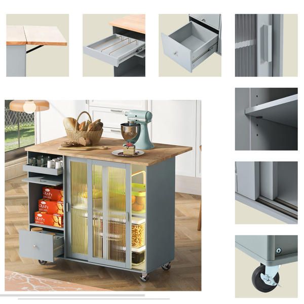 US Rolling Kitchen Island With Storage Drawer Adjustable Shelf Sliding Glass Door Cabinet With LED  K484-PHO_11MG6G7P_US