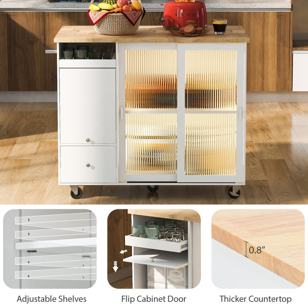 US Rolling Kitchen Island With Storage Drawer Adjustable Shelf Sliding Glass Door Cabinet With LED  K484-PHO_11MG6G7P_US