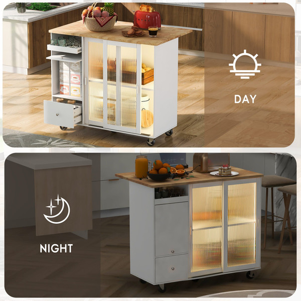 US Rolling Kitchen Island With Storage Drawer Adjustable Shelf Sliding Glass Door Cabinet With LED  K484-PHO_11MG6G7P_US