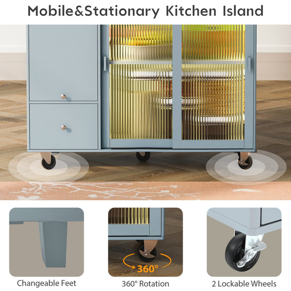 US Rolling Kitchen Island With Storage Drawer Adjustable Shelf Sliding Glass Door Cabinet With LED  K484-PHO_11MG6G7P_US
