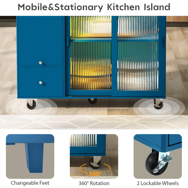 US Rolling Kitchen Island With Storage Drawer Adjustable Shelf Sliding Glass Door Cabinet With LED  K484-PHO_11MG6G7P_US
