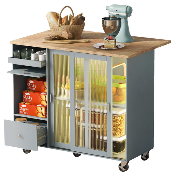 US Rolling Kitchen Island With Storage Drawer Adjustable Shelf Sliding Glass Door Cabinet With LED  K484-PHO_11MG6G7P_US