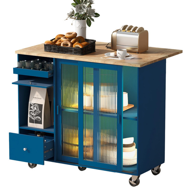 US Rolling Kitchen Island With Storage Drawer Adjustable Shelf Sliding Glass Door Cabinet With LED  K484-PHO_11MG6G7P_US