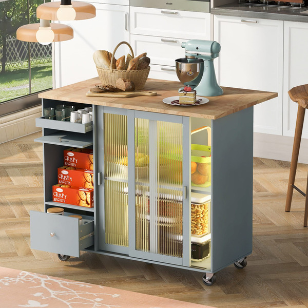US Rolling Kitchen Island With Storage Drawer Adjustable Shelf Sliding Glass Door Cabinet With LED  K484-PHO_11MG6G7P_US