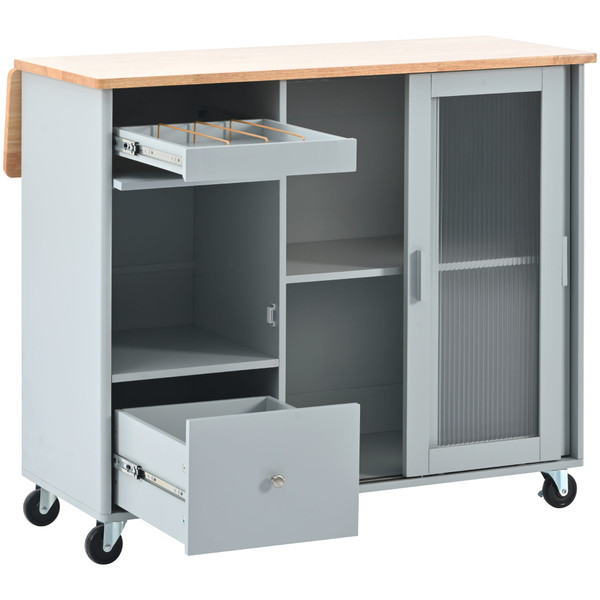 US Rolling Kitchen Island With Storage Drawer Adjustable Shelf Sliding Glass Door Cabinet With LED  K484-PHO_11MG6G7P_US