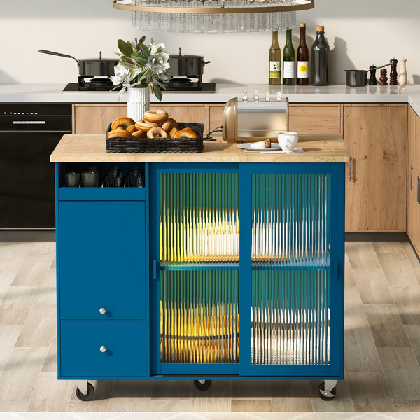 US Rolling Kitchen Island With Storage Drawer Adjustable Shelf Sliding Glass Door Cabinet With LED  K484-PHO_11MG6G7P_US