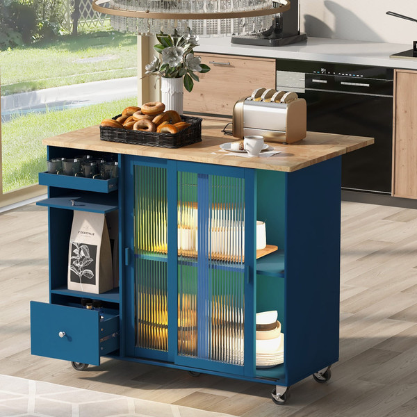US Rolling Kitchen Island With Storage Drawer Adjustable Shelf Sliding Glass Door Cabinet With LED  K484-PHO_11MG6G7P_US