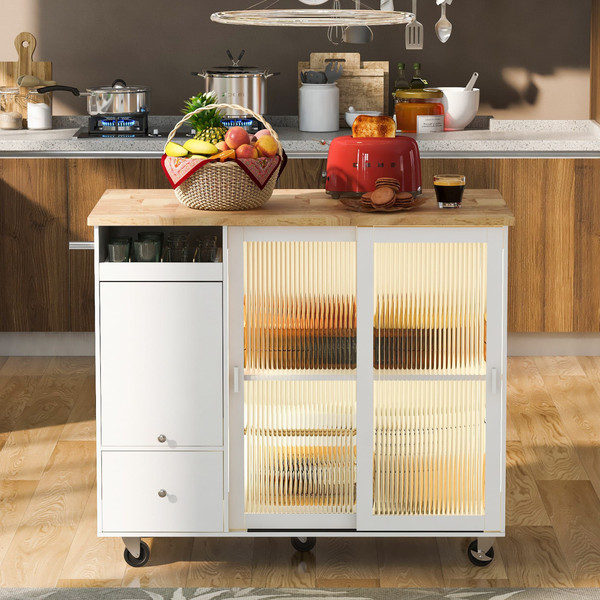 US Rolling Kitchen Island With Storage Drawer Adjustable Shelf Sliding Glass Door Cabinet With LED  K484-PHO_11MG6G7P_US