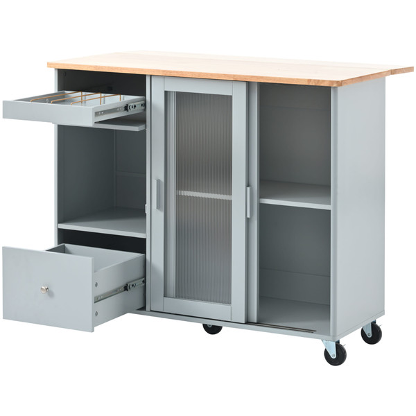 US Rolling Kitchen Island With Storage Drawer Adjustable Shelf Sliding Glass Door Cabinet With LED  K484-PHO_11MG6G7P_US