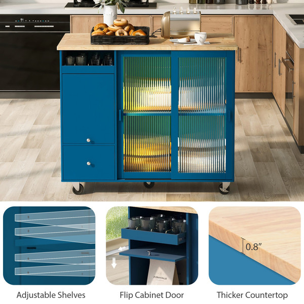 US Rolling Kitchen Island With Storage Drawer Adjustable Shelf Sliding Glass Door Cabinet With LED  K484-PHO_11MG6G7P_US