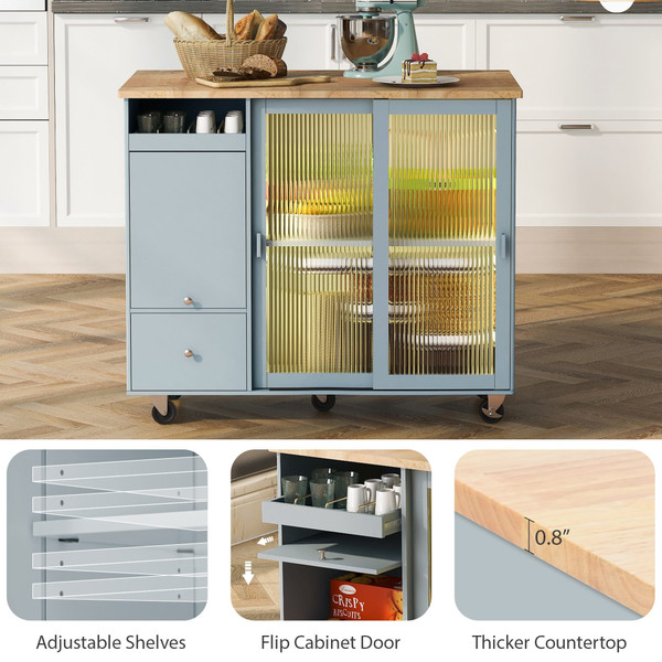 US Rolling Kitchen Island With Storage Drawer Adjustable Shelf Sliding Glass Door Cabinet With LED  K484-PHO_11MG6G7P_US