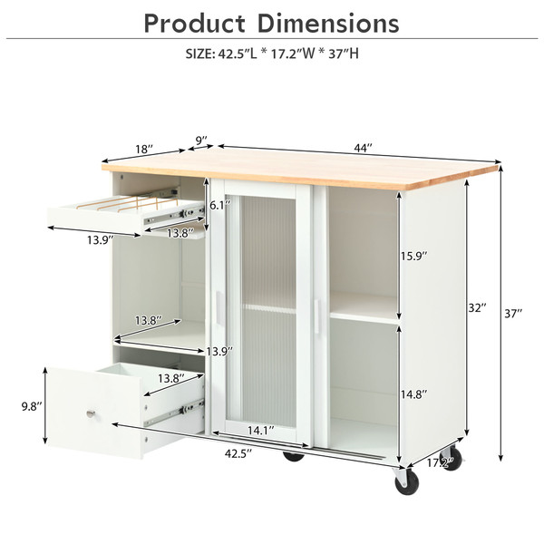 US Rolling Kitchen Island With Storage Drawer Adjustable Shelf Sliding Glass Door Cabinet With LED  K484-PHO_11MG6G7P_US