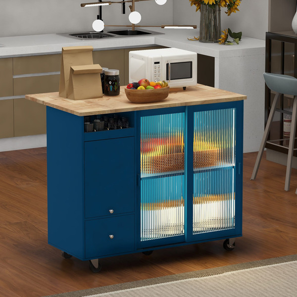 US Rolling Kitchen Island With Storage Drawer Adjustable Shelf Sliding Glass Door Cabinet With LED  K484-PHO_11MG6G7P_US