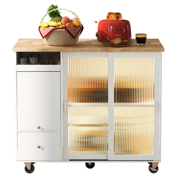 US Rolling Kitchen Island With Storage Drawer Adjustable Shelf Sliding Glass Door Cabinet With LED  K484-PHO_11MG6G7P_US