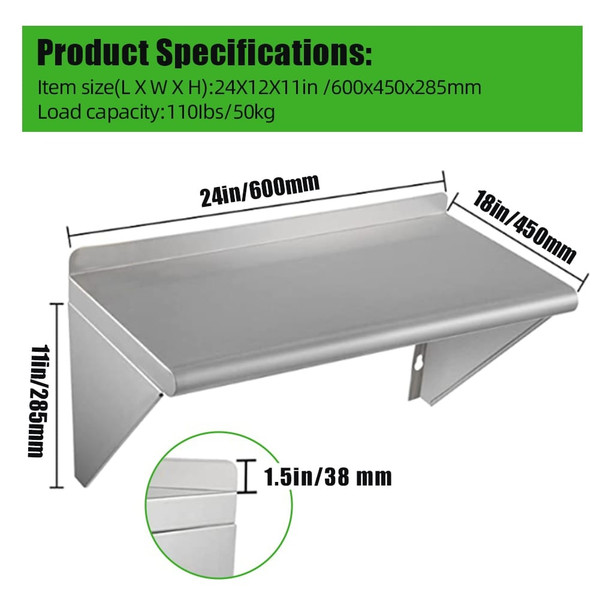 US Stainless Steel Wall Shelf 110 Lbs Load Heavy Duty Wall Mount Shelving For Kitchen Restaurant La K484-PHO_0WMCC9CQ_US
