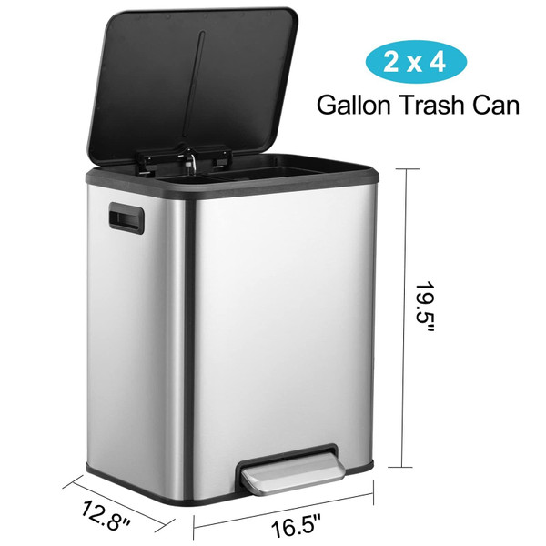 US GARVEE Dual Trash Can Stainless Steel 2 x 4 Gal  Garbage Can Steel Pedal Recycle Bin K484-PHO_0XP05V7R_US