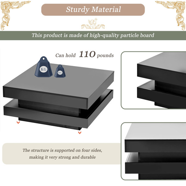 US 2-Tier Square Coffee Table With LED Lights Center Sofa Table Multifunctional Cocktail Table For  K484-PHO_11ZBIQGN_US