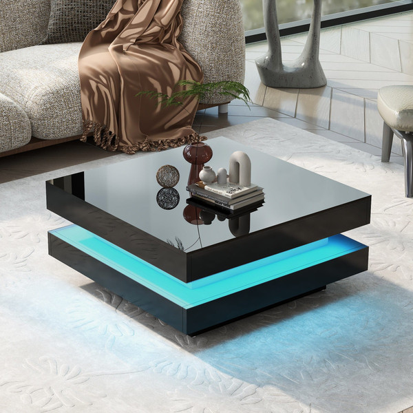 US 2-Tier Square Coffee Table With LED Lights Center Sofa Table Multifunctional Cocktail Table For  K484-PHO_11ZBIQGN_US