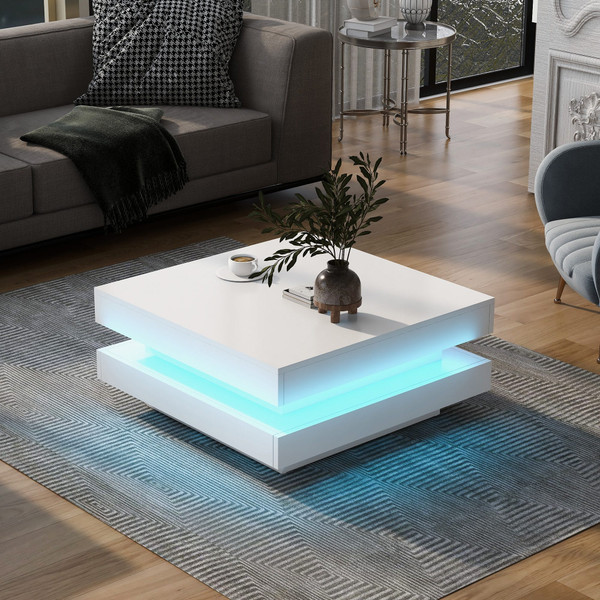 US 2-Tier Square Coffee Table With LED Lights Center Sofa Table Multifunctional Cocktail Table For  K484-PHO_11ZBIQGN_US