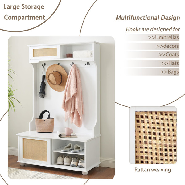 US Entryway Hall Tree With Storage Bench Coat Rack Hooks Shoe Cabinet With Rattan Door Shelves Hall K484-PHO_123KQMJR_US