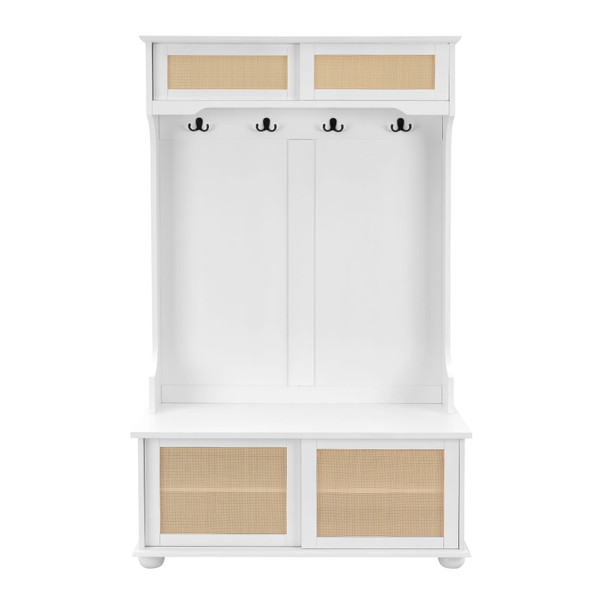 US Entryway Hall Tree With Storage Bench Coat Rack Hooks Shoe Cabinet With Rattan Door Shelves Hall K484-PHO_123KQMJR_US