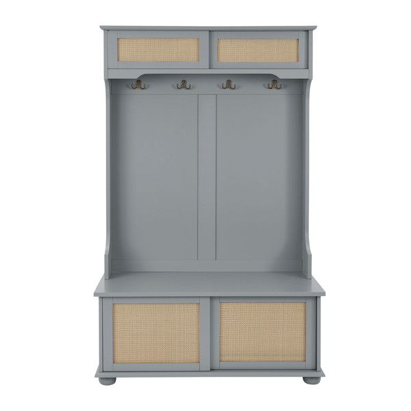 US Entryway Hall Tree With Storage Bench Coat Rack Hooks Shoe Cabinet With Rattan Door Shelves Hall K484-PHO_123KQMJR_US
