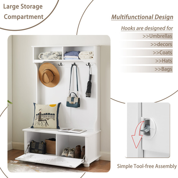 US Entryway Hall Tree With Storage Bench Open Shelves Coat Rack Hooks Shoe Cabinet For Hallway Entr K484-PHO_123II15W_US