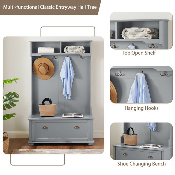 US Entryway Hall Tree With Storage Bench Open Shelves Coat Rack Hooks Shoe Cabinet For Hallway Entr K484-PHO_123II15W_US