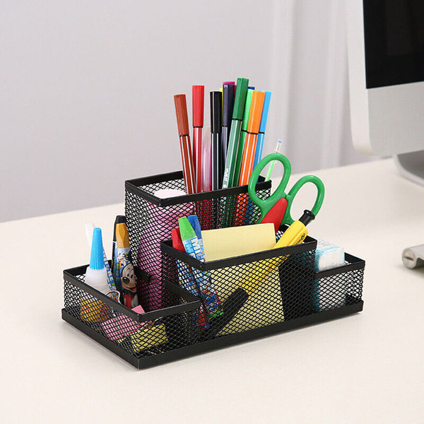 Mesh Desk Organizer Desktop Pen Holder 4 Compartments Metal Stationary Organizer Desk Caddy For Off K484-FQZOL_2C9NDTWB