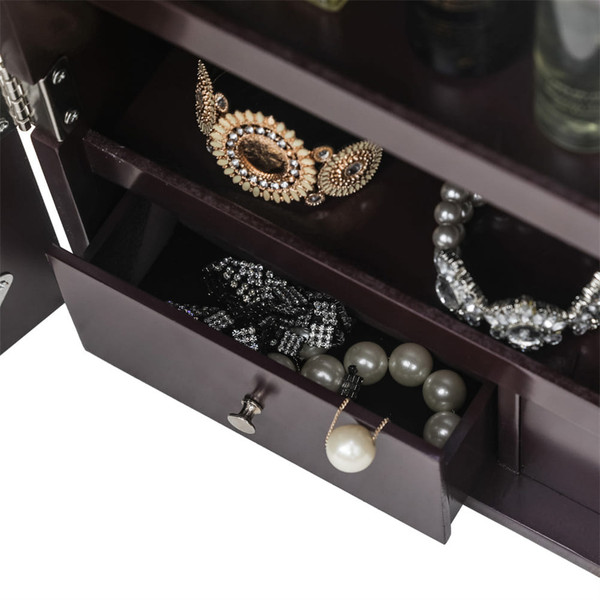 US Wooden Jewelry Storage Mirror Cabinet Wall Hanging Shelf with Automatic Led Light Dark Brown K484-PBE_0BLBTRLO_US