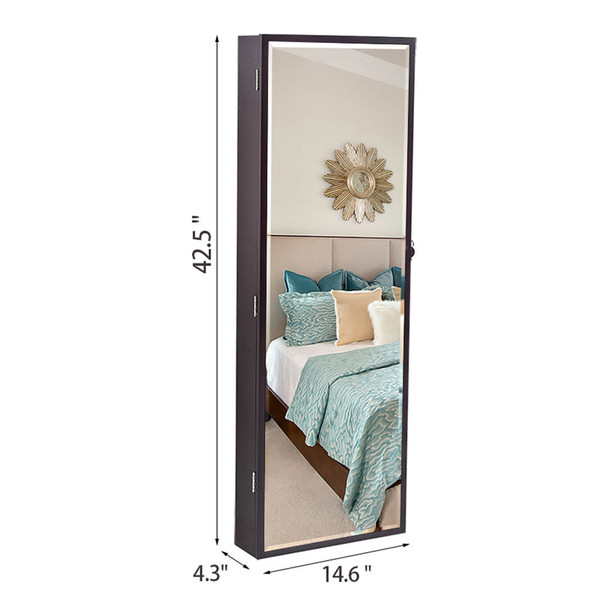 US Wooden Jewelry Storage Mirror Cabinet Wall Hanging Shelf with Automatic Led Light Dark Brown K484-PBE_0BLBTRLO_US