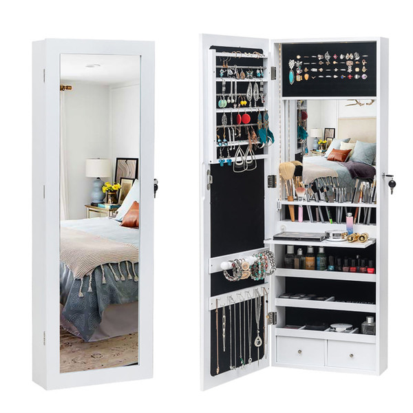 US Wooden Jewelry Storage Mirror Cabinet Wall Hanging Shelf with Automatic Led Light Dark Brown K484-PBE_0BLBTRLO_US