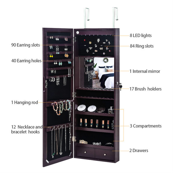 US Wooden Jewelry Storage Mirror Cabinet Wall Hanging Shelf with Automatic Led Light Dark Brown K484-PBE_0BLBTRLO_US