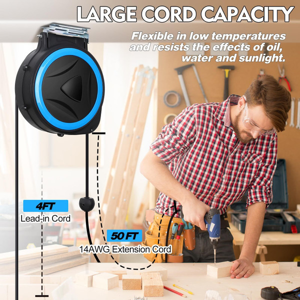 US GARVEE Heavy Duty Cord Reel 50ft Retractable Extension Power Cord 14 AWG/3C SJTOW Blue K484-PAU_0I7L8F2O_US