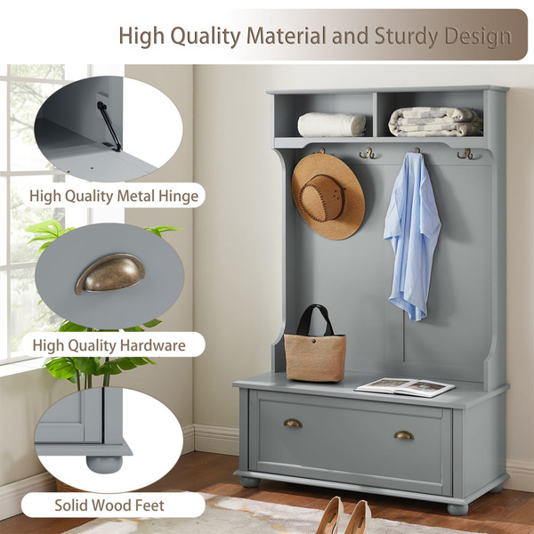 US Entryway Hall Tree With Storage Bench Open Shelves Coat Rack Hooks Shoe Cabinet For Hallway Entr K484-PHO_123IPYRA_US