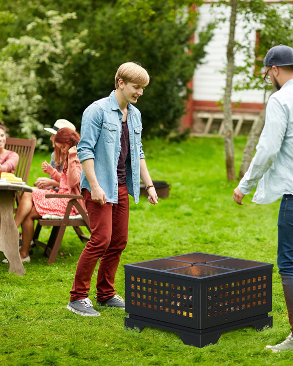US GARVEE 21.7 Inch Square Fire Pit Wood Burning Outdoor Firepit with Spark Screen for Patio Garden K484-PHO_0WWBAGNJ_US