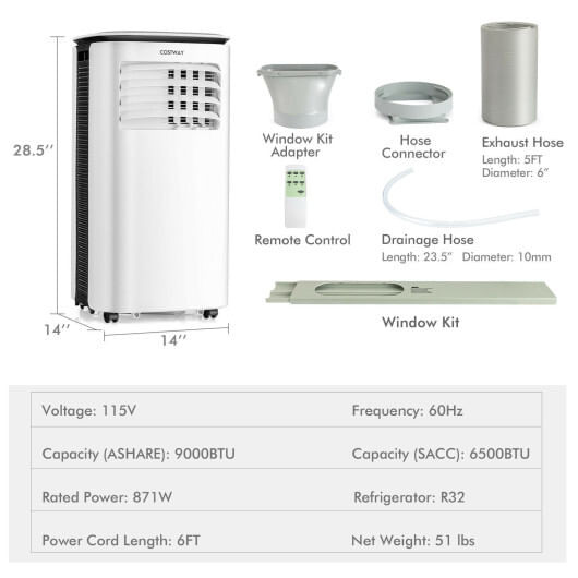 9000 BTU 3 in 1 Portable Air Conditioner with Fan and Dehumidifier-White B593-ES10113US