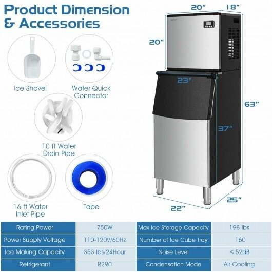 353LBS/24H Split Commercial Ice Maker with 198 LBS Storage Bin - Color: Silver D681-FP10036US-SL+